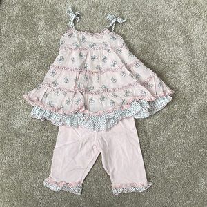 Kate Mack 2 piece black, white & pink outfit with polka dot bows & ruffles.